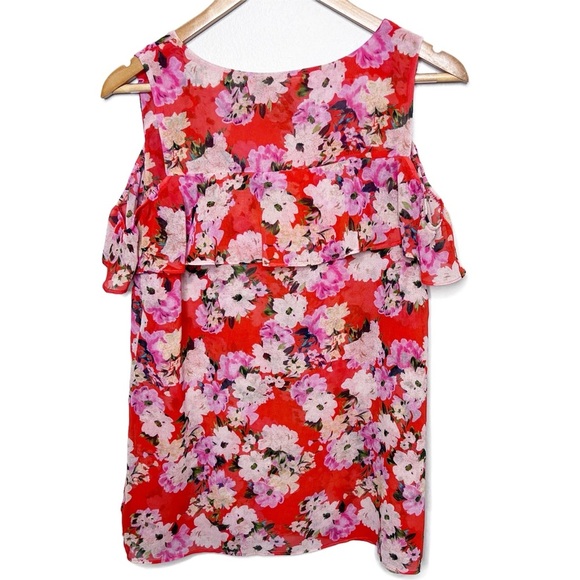 Cabi Red Floral Cold Shoulder Ruffle Sleeve V Neck Blouse Women's Size M - Picture 8 of 16